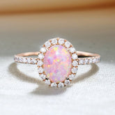 Oval Cut Lab Pink Opal Engagement Ring Moissanite Halo Accented Pavé Ring