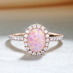 Oval Cut Lab Pink Opal Engagement Ring Moissanite Halo Accented Pavé Ring