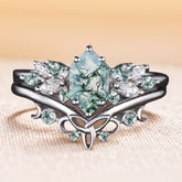 Unique Hexagon Moss Agate Ring Art Deco Wedding Ring Set