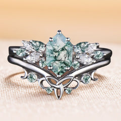 Unique Hexagon Moss Agate Ring Art Deco Wedding Ring Set