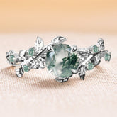Vintage Moss Agate Engagement Ring Art Deco Leaf Promise Ring