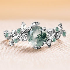 Vintage Moss Agate Engagement Ring Art Deco Leaf Promise Ring