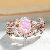Pear Shaped Lab Pink Opal Engagement Ring Set Nature Inspired Leaf Ring Set