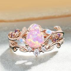 Pear Shaped Lab Pink Opal Engagement Ring Set Nature Inspired Leaf Ring Set