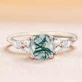 Round Cut Moss Agate Engagement Ring Moissanite Accent Promise Ring