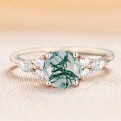 Round Cut Moss Agate Engagement Ring Moissanite Accent Promise Ring