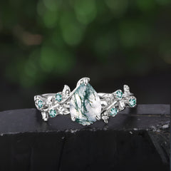 Pear shaped Moss Agate Engagement Promise Ring Leaf Nature Inspired Bridal Set