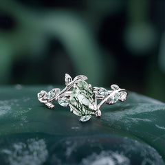 Pear shaped Moss Agate Engagement Promise Ring Leaf Nature Inspired Bridal Set
