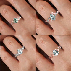 Pear shaped Moss Agate Engagement Promise Ring Leaf Nature Inspired Bridal Set