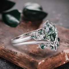 Unique Hexagon Moss Agate Ring Art Deco Wedding Ring Set