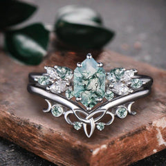 Unique Hexagon Moss Agate Ring Art Deco Wedding Ring Set