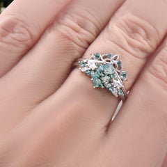 Unique Hexagon Moss Agate Ring Art Deco Wedding Ring Set