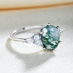 Oval Cut Moss Agate Classic Side Stone Promise Ring