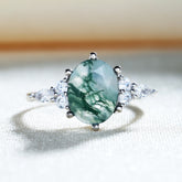 Oval Cut Moss Agate Classic Side Stone Promise Ring