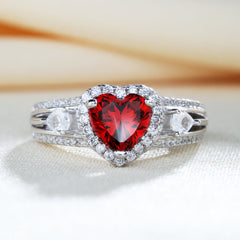 Three Stone Halo Heart Cut Sterling Silver Ring