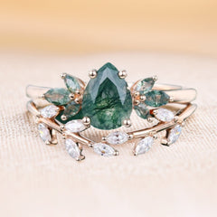 Pear Cut Moss Agate and Moissanite Wedding Ring Set Nature Inspired Bridal Ring Set
