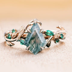 Nature Inspired Kite Cut Moss Agate Promise Ring Emerald Foliage Ring