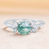 Round Cut Moss Agate Engagement Ring with Marquise Moissanite Cluster