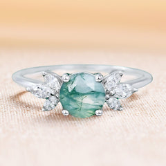 Round Cut Moss Agate Engagement Ring with Marquise Moissanite Cluster