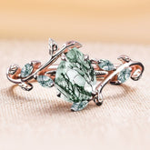 Pear shaped Moss Agate Engagement Promise Ring Leaf Nature Inspired Bridal Set