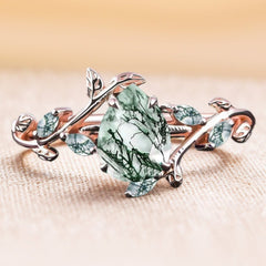 Pear shaped Moss Agate Engagement Promise Ring Leaf Nature Inspired Bridal Set
