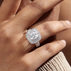 Honorable Double Halo Three Shank Cushion Cut Ring