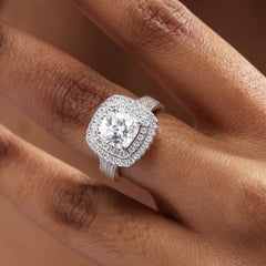 Honorable Double Halo Three Shank Cushion Cut Ring