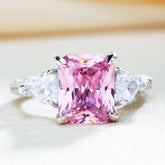 Pink Stone Radiant Cut Three Stone Engagement Ring
