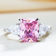 Pink Stone Radiant Cut Three Stone Engagement Ring