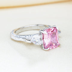 Pink Stone Radiant Cut Three Stone Engagement Ring