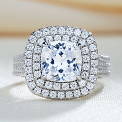 Honorable Double Halo Three Shank Cushion Cut Ring
