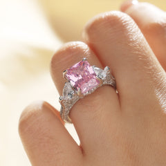 Pink Stone Radiant Cut Three Stone Engagement Ring