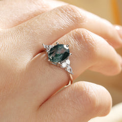 Oval Cut Moss Agate Classic Side Stone Promise Ring