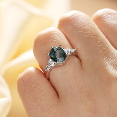 Oval Cut Moss Agate Classic Side Stone Promise Ring