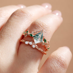 Kite Cut Moss Agate Bridal Ring Set Nature Inspired Leaf Ring Set