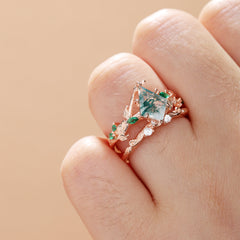 Kite Cut Moss Agate Bridal Ring Set Nature Inspired Leaf Ring Set