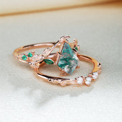 Kite Cut Moss Agate Bridal Ring Set Nature Inspired Leaf Ring Set
