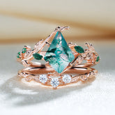 Kite Cut Moss Agate Bridal Ring Set Nature Inspired Leaf Ring Set