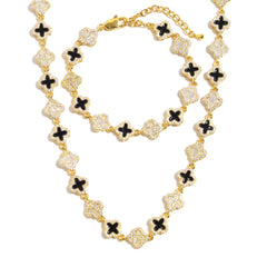 Black Enamel Clover Diamond Gemstone Necklace