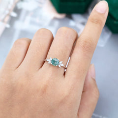 Round Cut Moss Agate Engagement Ring with Marquise Moissanite Cluster