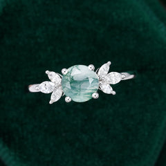 Round Cut Moss Agate Engagement Ring with Marquise Moissanite Cluster