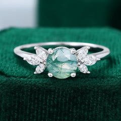 Round Cut Moss Agate Engagement Ring with Marquise Moissanite Cluster