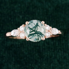 Round Cut Moss Agate Engagement Ring Moissanite Accent Promise Ring