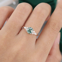 Round Cut Moss Agate Engagement Ring Moissanite Accent Promise Ring