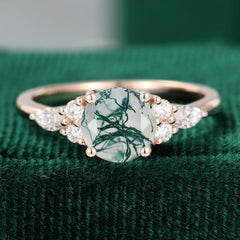 Round Cut Moss Agate Engagement Ring Moissanite Accent Promise Ring