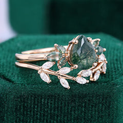 Pear Cut Moss Agate and Moissanite Wedding Ring Set Nature Inspired Bridal Ring Set