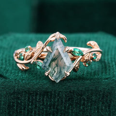 Nature Inspired Kite Cut Moss Agate Promise Ring Emerald Foliage Ring