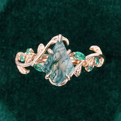 Nature Inspired Kite Cut Moss Agate Promise Ring Emerald Foliage Ring