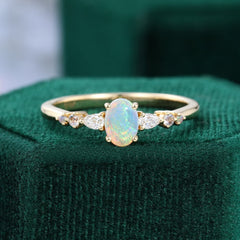 Oval Opal Trio Side Stones Engagement Ring Dainty Promise Ring