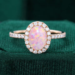Oval Cut Lab Pink Opal Engagement Ring Moissanite Halo Accented Pavé Ring